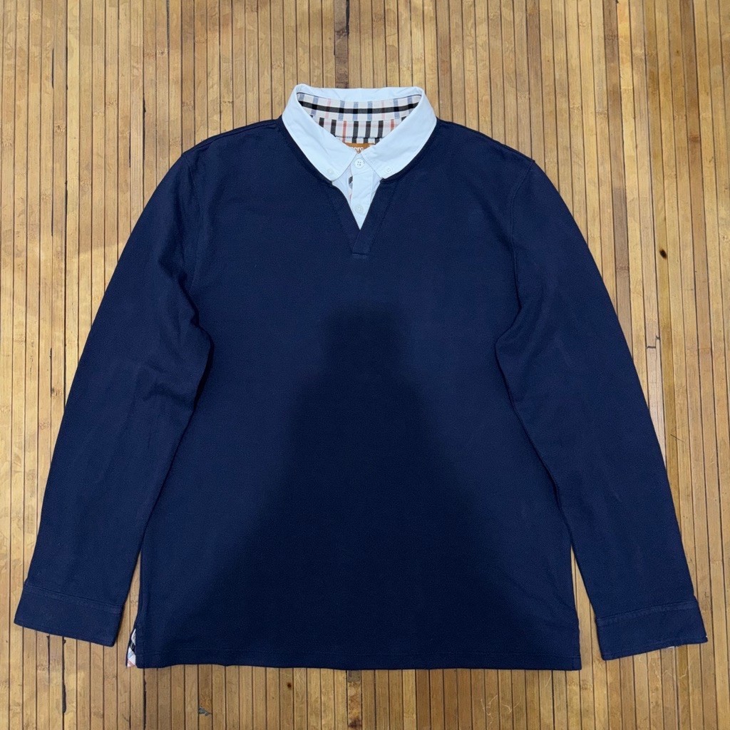 MERC LONDON BRITISH CASUAL NAVY TARTAN BUTTON DOWN LONG SLEEVE POLO SHIRT