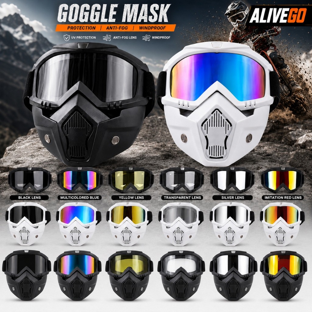 Goggles Kacamata + Masker Full Face Helm Hitam Putih Goggle Mask Helem Gogle Gogles Gogel Ski Motor 