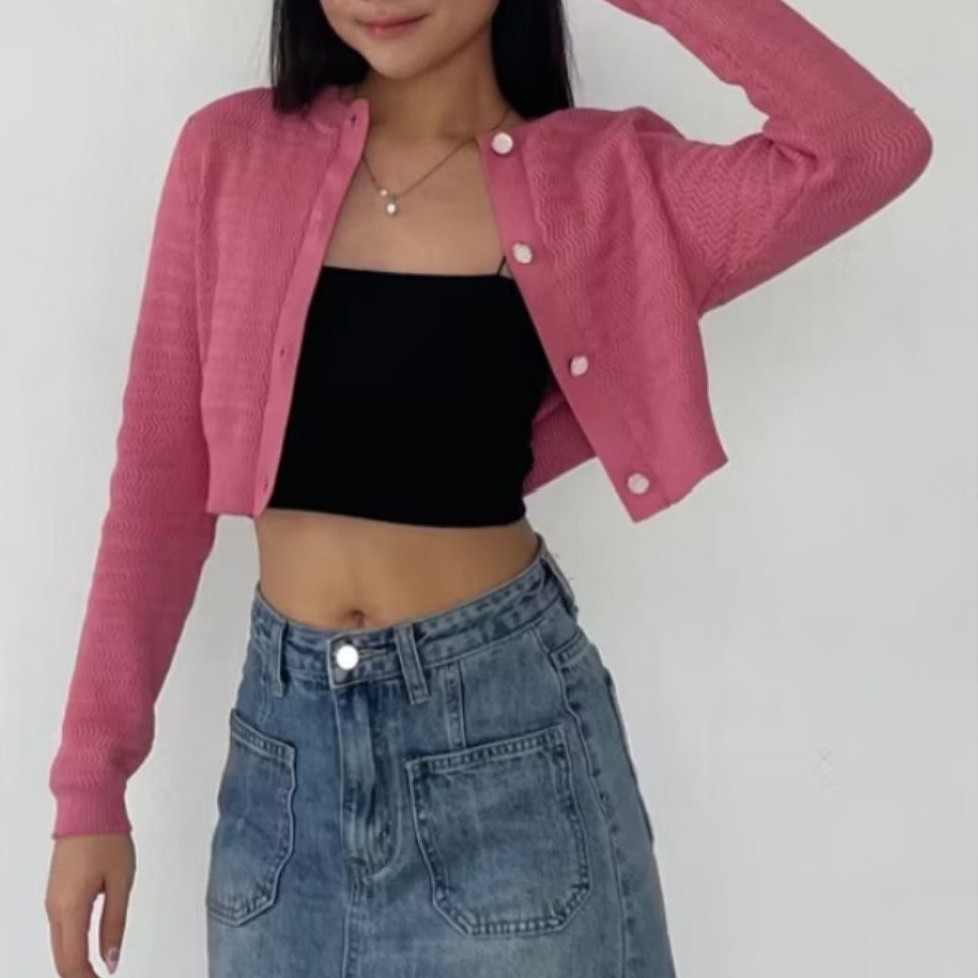 Cardigan barbie pink | cardigan crop wanita (new + tag)
