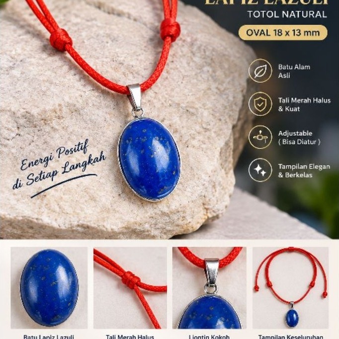 kalung tali merah halus dengan liontin batu lapiz lazuli natural oval elegan