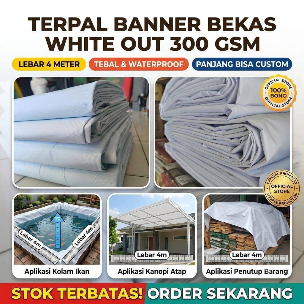 Terpal Banner Bekas Lebar 4 Meter Putih Polos 300 GSM / Kain Flexi Tebal Waterproof untuk Kolam Ikan