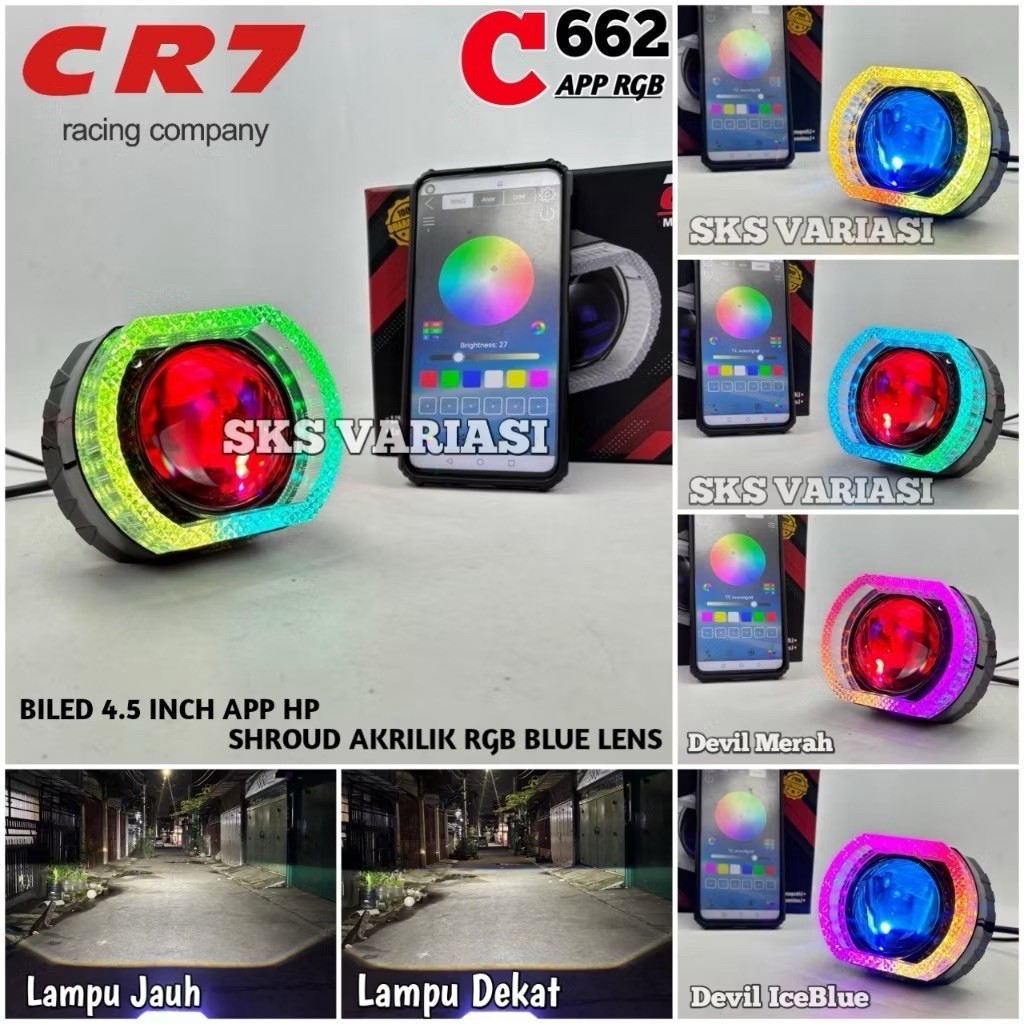 LAMPU BILED CR7 C662 - Projie Biled Premium RGB 4.5 Inch Blue Lens Plus Devil Shroud Akrilik APP Hig