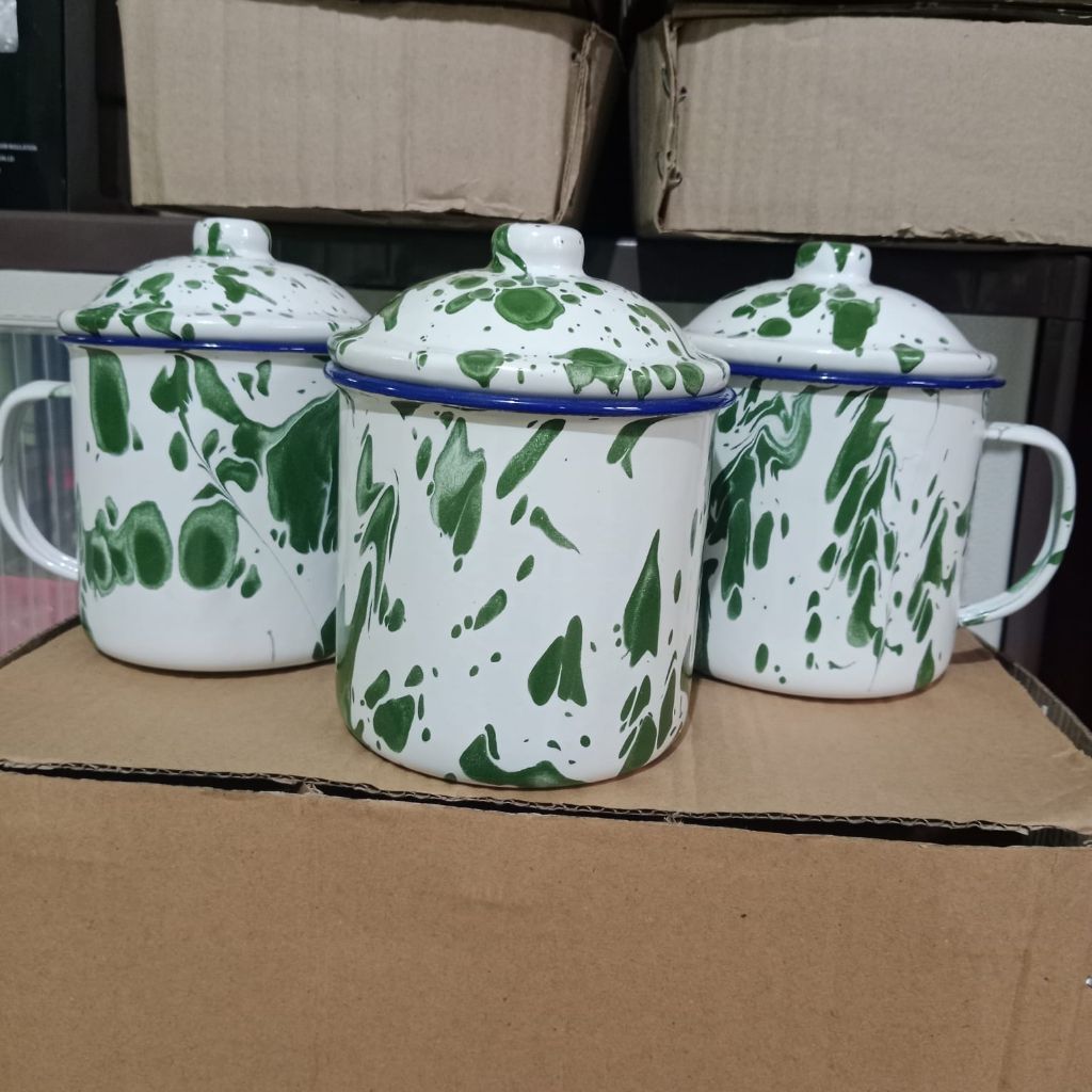 Enamel Cangkir seng cantik 10 cm dengan tutup / Mug Blirik ( dipacking dengan  dus tebal + bubblewra