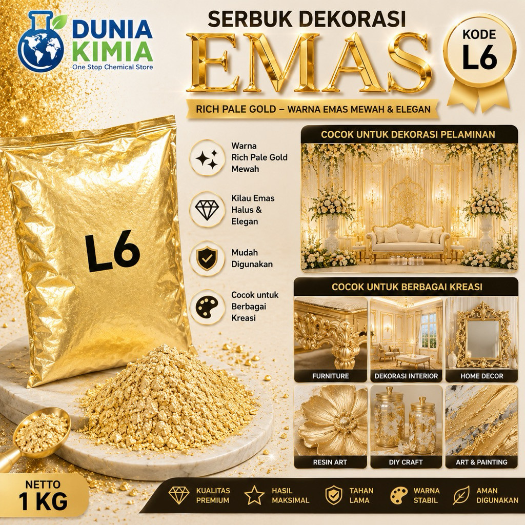 Serbuk Emas L6 - Rich Pale Gold - 1KG - Bubuk Emas Dekorasi Pelaminan - Cat Dekorasi Serbaguna