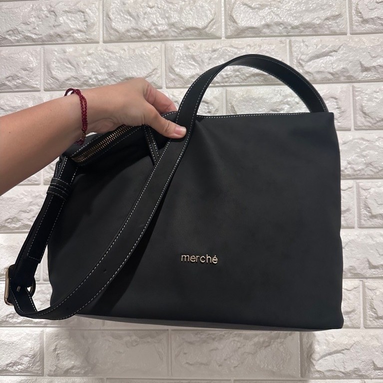 MERCHE Totebag Baru Canvas Leather Hitam Mocca Wanita Anya No Preloved