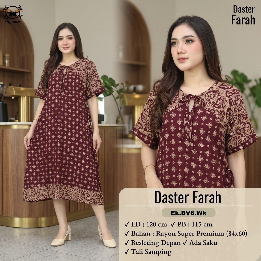 RUMINA DASTER (LD 120 PB 115) DASTER FARAH resleting depan rampel motif batik cap cantik by rumina b