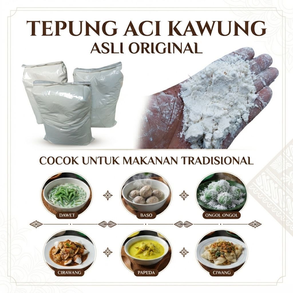 TEPUNG ACI AREN/KAWUNG ASLI GARUT,KEMASAN 1KG,TEPUNG LEMBUT DAN HALUS SIAP PAKAI.