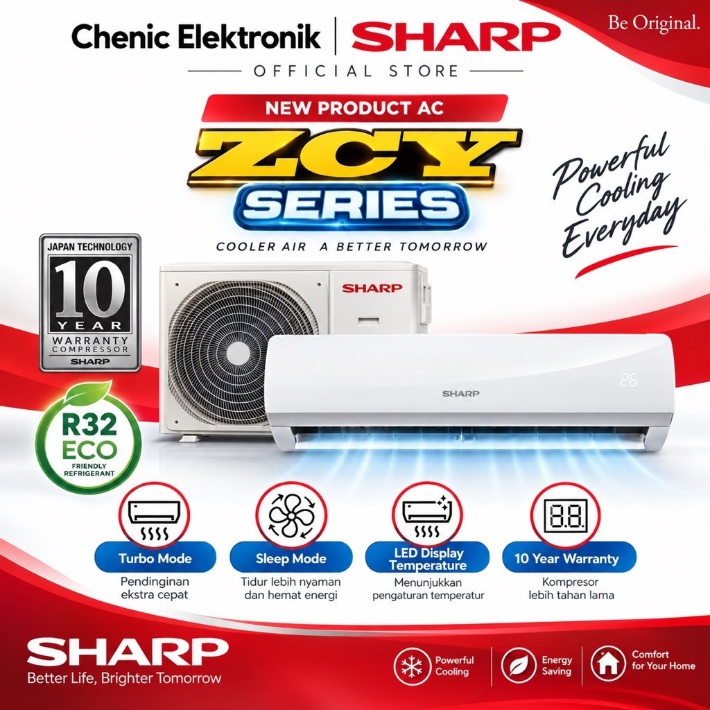 SHARP AC Split ZCY Series 0.5PK 1PK R32 Eco Turbo Cooling LED Display Hemat Energi Garansi Resmi