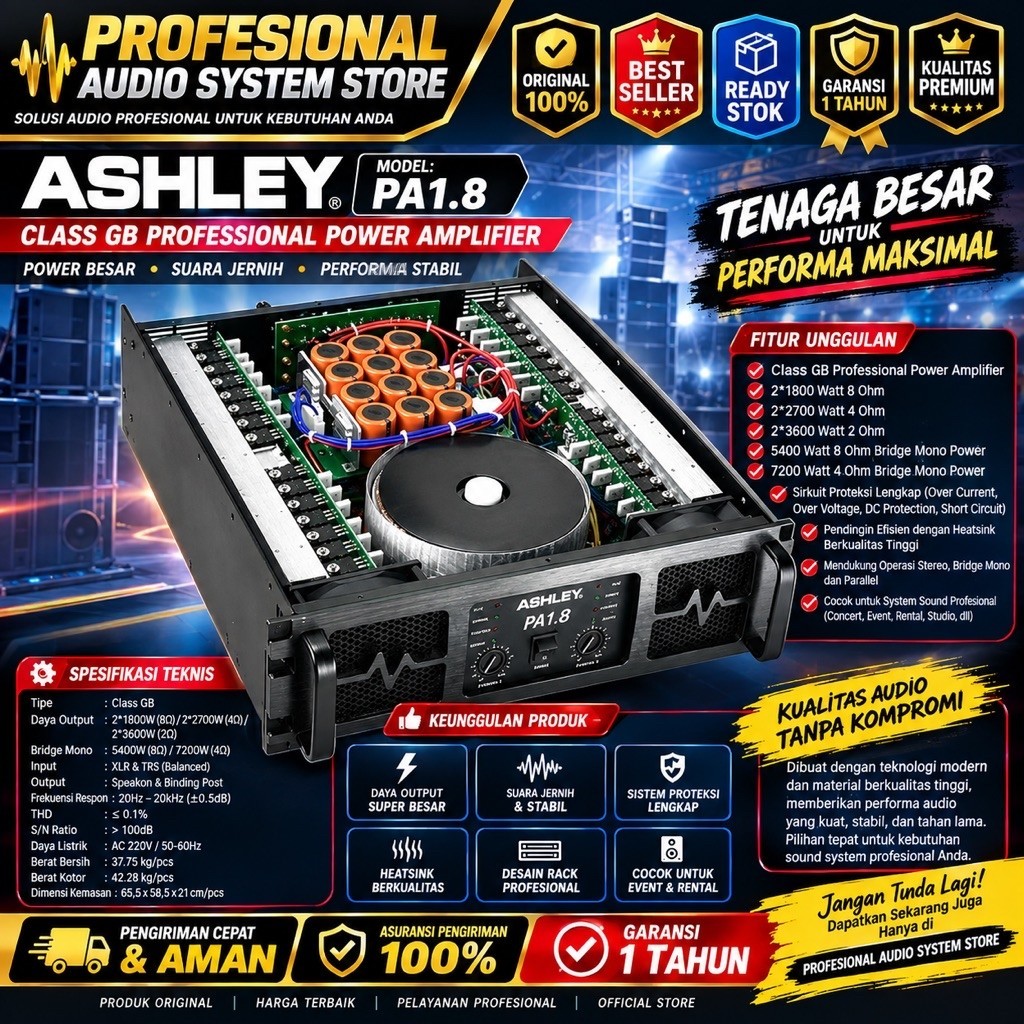POWER AMPLIFIER ASHLEY 2 CHANNEL CLASS GB 1800WATT ASHLEY PA1.8 PA-1.8 PA 1.8 ORIGINAL BERGARANSI RE