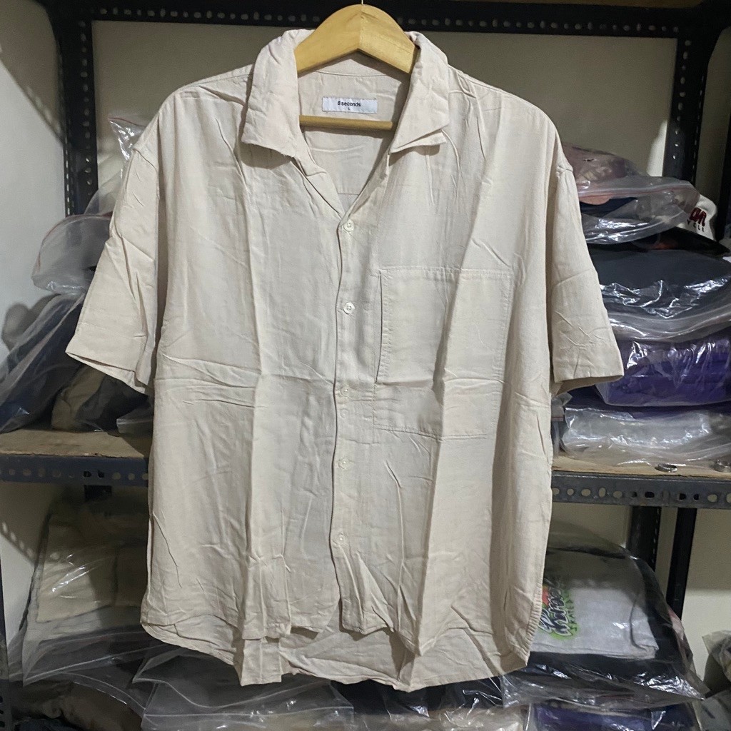 8 Seconds Kr Viscose Linen Open Collar S/S Shirt Beige Size L 73x62