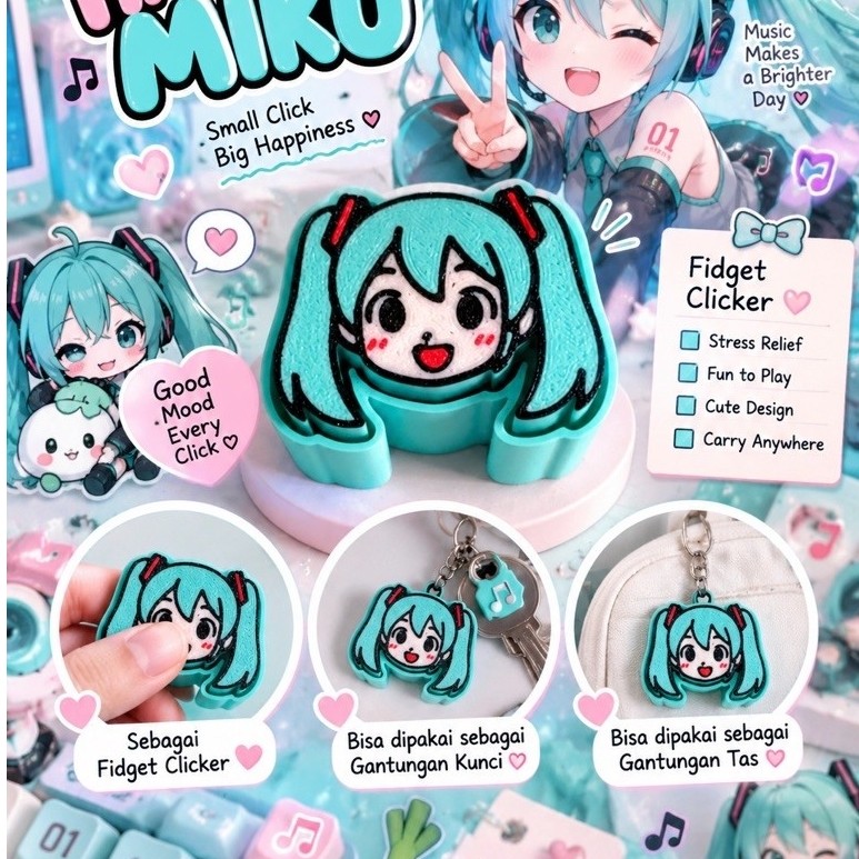 Hatsune miku fidget clicker | Gantungan kunci fidget clicker 3D | Fidget clicker murah | Keyboard cl