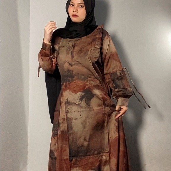 Julya Abstract Dress || Gamis Crinkle Airflow Premium Motif || Gamis Ecoprint Kekinian, Gamis Muslim