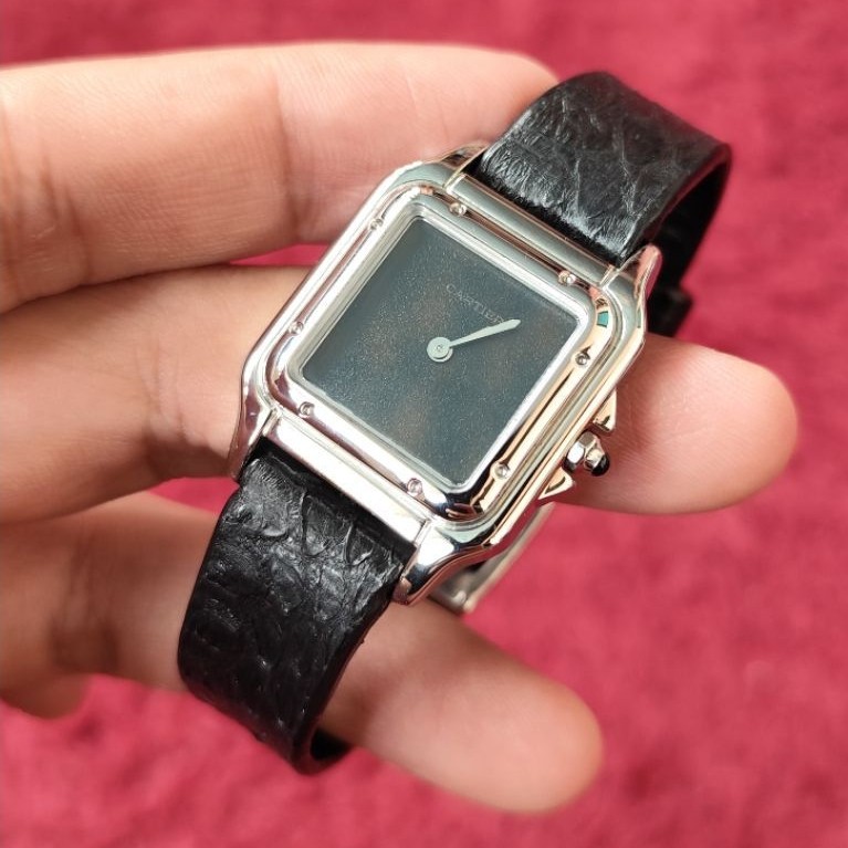 Preowned jam tangan REP piece unique cartier santos tank dumont vintage black dial with black python
