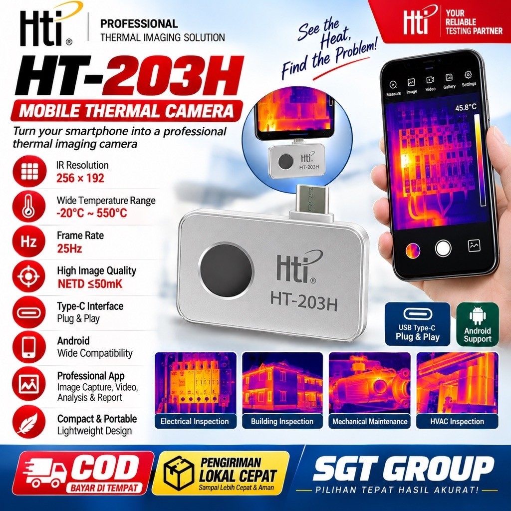 HTI HT-203H Thermal Camera 256x192 25Hz -20 to 550C Android Type-C Infrared Imager Kamera Termal HP 