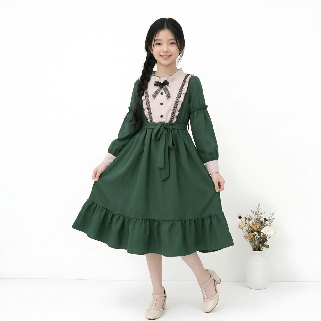 Dress Anak Remaja Usia 6-12 Tahun Gaun Anak Perempuan Model Korea Vintage Cantik Baju Anak Cewek Pes