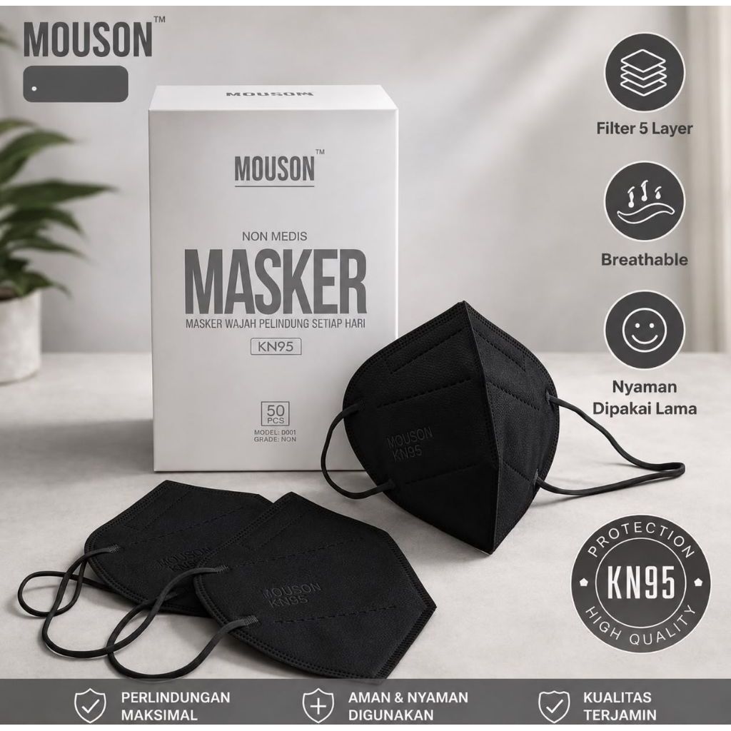 Masker KN95 Mouson 5 Ply Box 50 Pcs Hitam Putih Abu