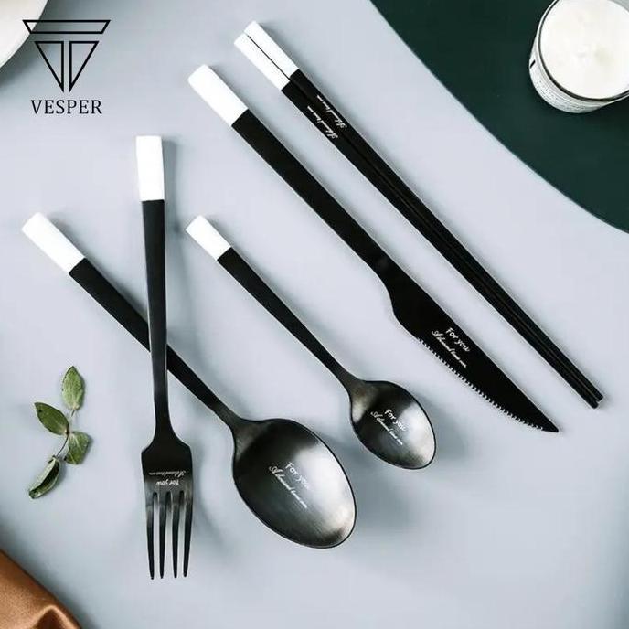luxury picasso dinner spoon set black matte white / paket sendok garpu