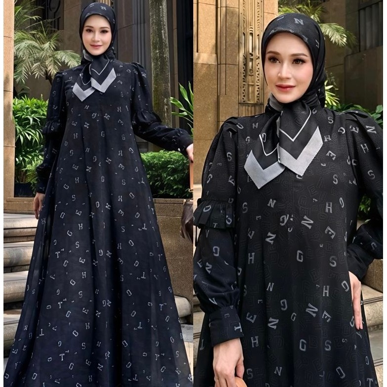 Gamis set hijab Agus Hanggono, full printing terbaru
