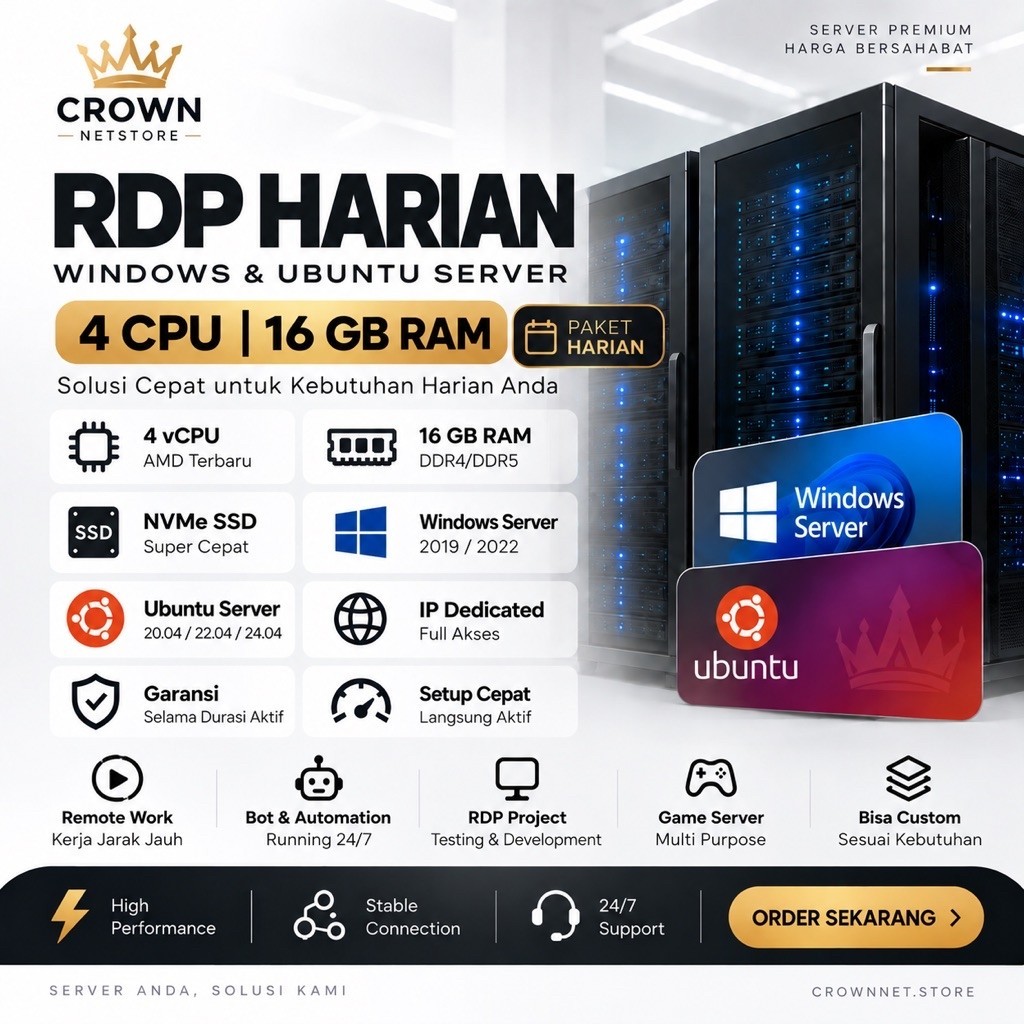 RDP Premium 16GB RAM Full Admin Harian