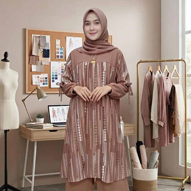 setelan celana tunik crinkle motif kombinasi/one set tunik jumbo terbaru/setcel long tunik masa kini