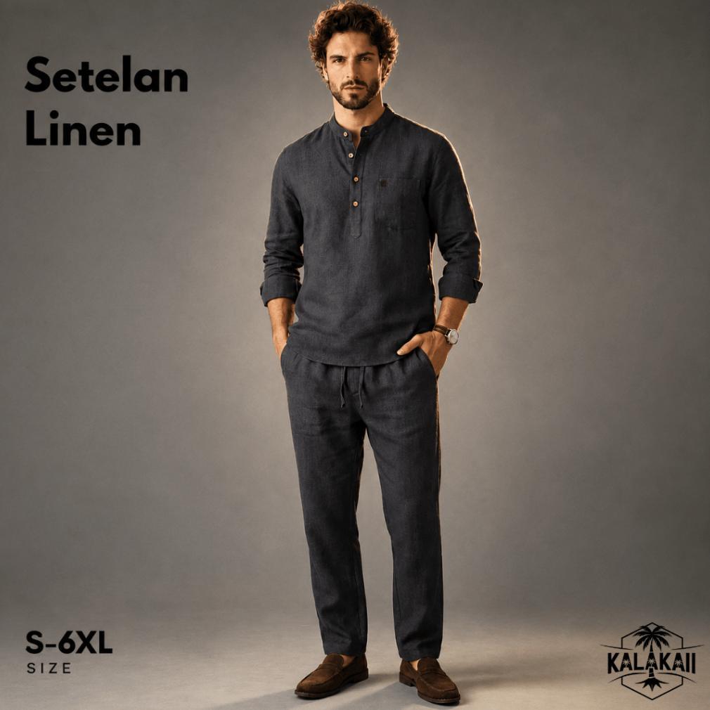 [ LUS ] Setelan Pria Linen Kalakaii Outfit Santai & Liburan (Kemeja + Celana Panjang)