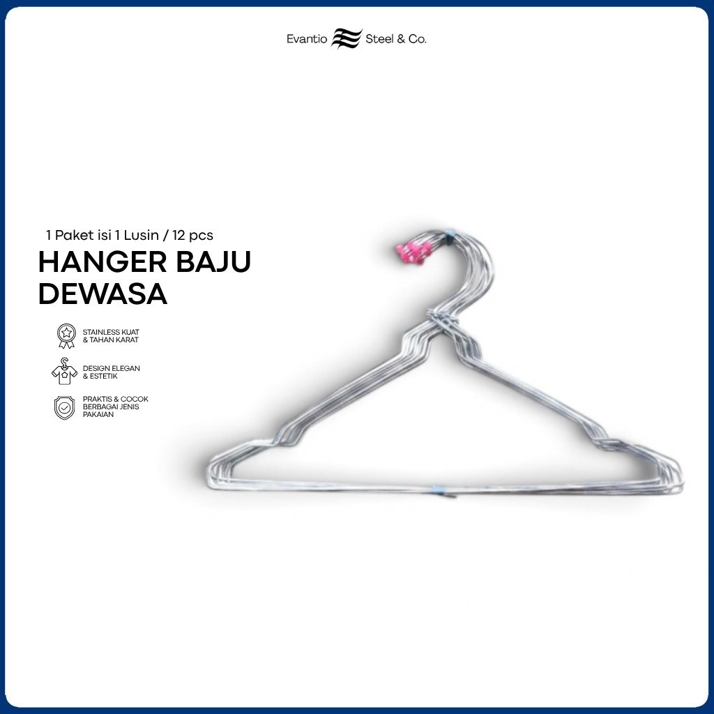 [1 Lusin] Hanger Dewasa Kawat Stainless / Gantungan Baju / Pengering Baju / Houseware