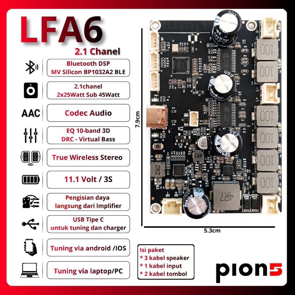 LFA6 _ Amplifier Bluetooth Dsp Marvel Silicon BLE  2.1 Chanel 2x25Watt Sub 45Watt