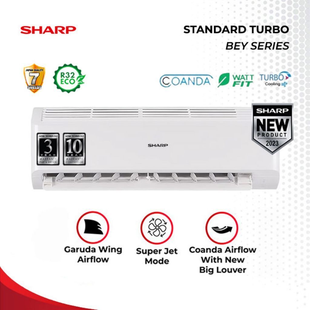 AC Split Sharp Bey Series Standard Turbo R32 Eco Coanda Watt Fit warna putih