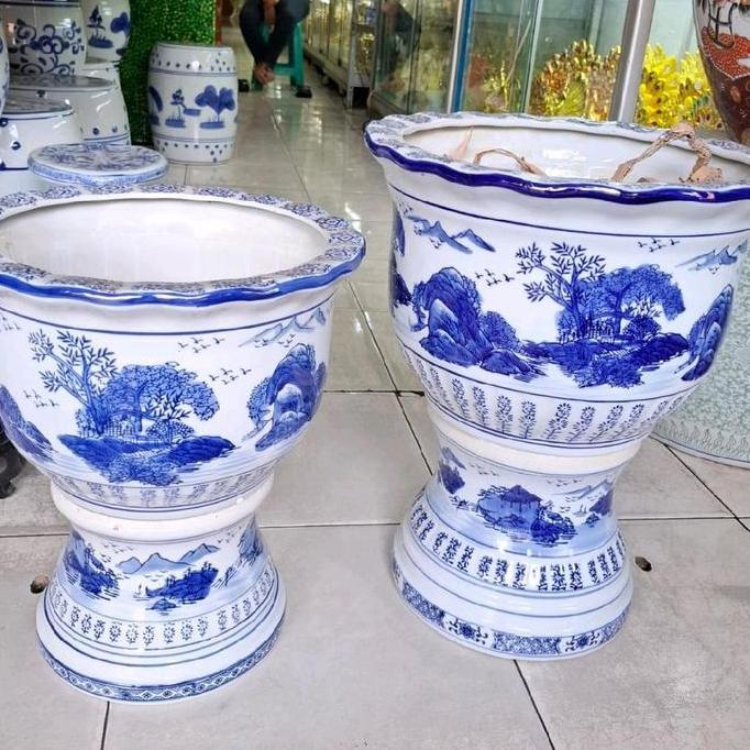 pot kaki keramik biru putih/pot bunga besar/pot tanaman