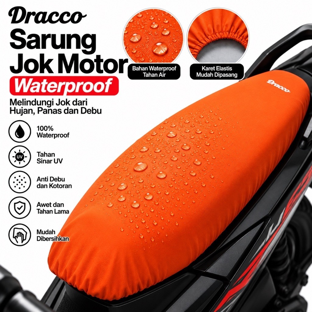 DRACCO Cover sarung jok motor premium Orange tebal waterproof anti cakar kucing free tas simpan