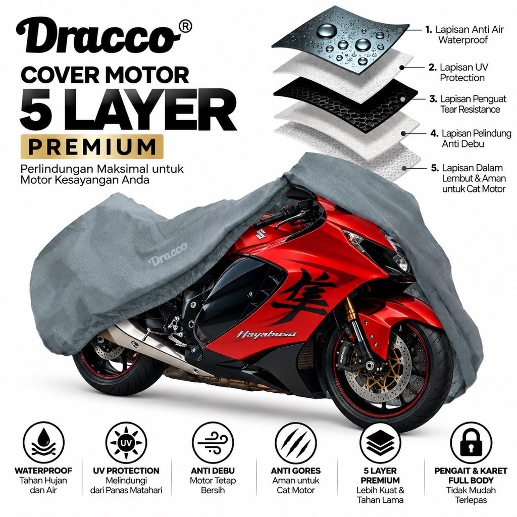 DRACCO Sarung motor HAYABUSA waterproof 5 layer tebal premium cover motor aksesoris motor HAYABUSA