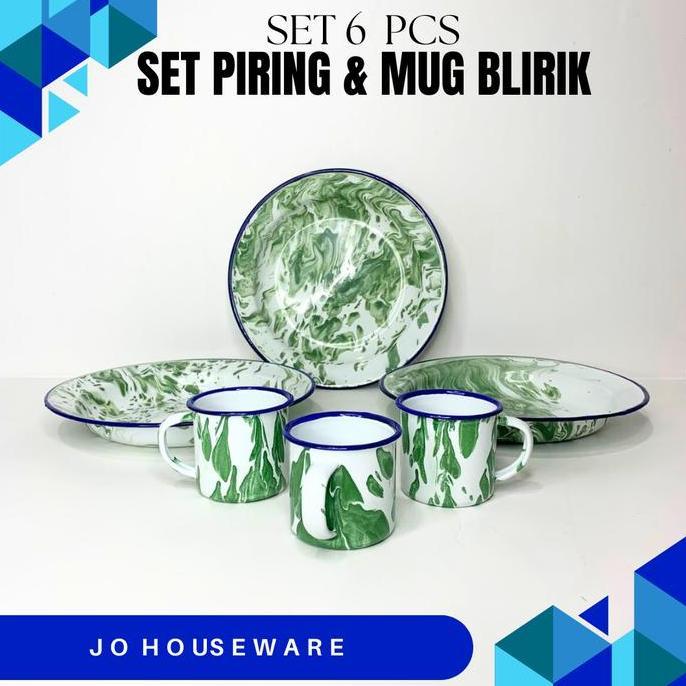 SET 3 PCS Piring Mug Enamel Motif Blirik Hijau / Enamel Jadul Vintage