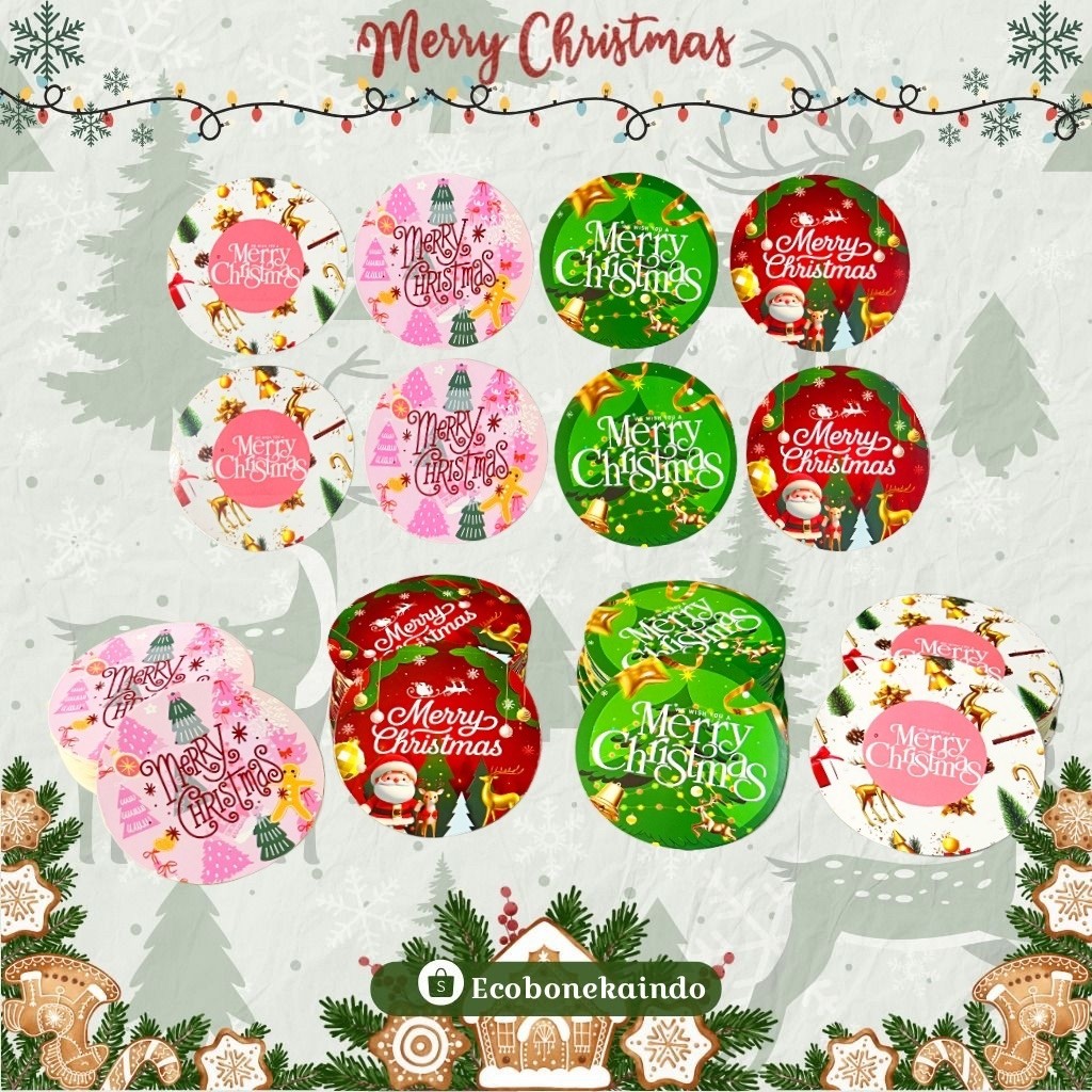 [24pcs] Stiker Natal Merry Christmas | Stiker Bulat Kemasan Parcel | Stiker Plastik Cookies Natal ec