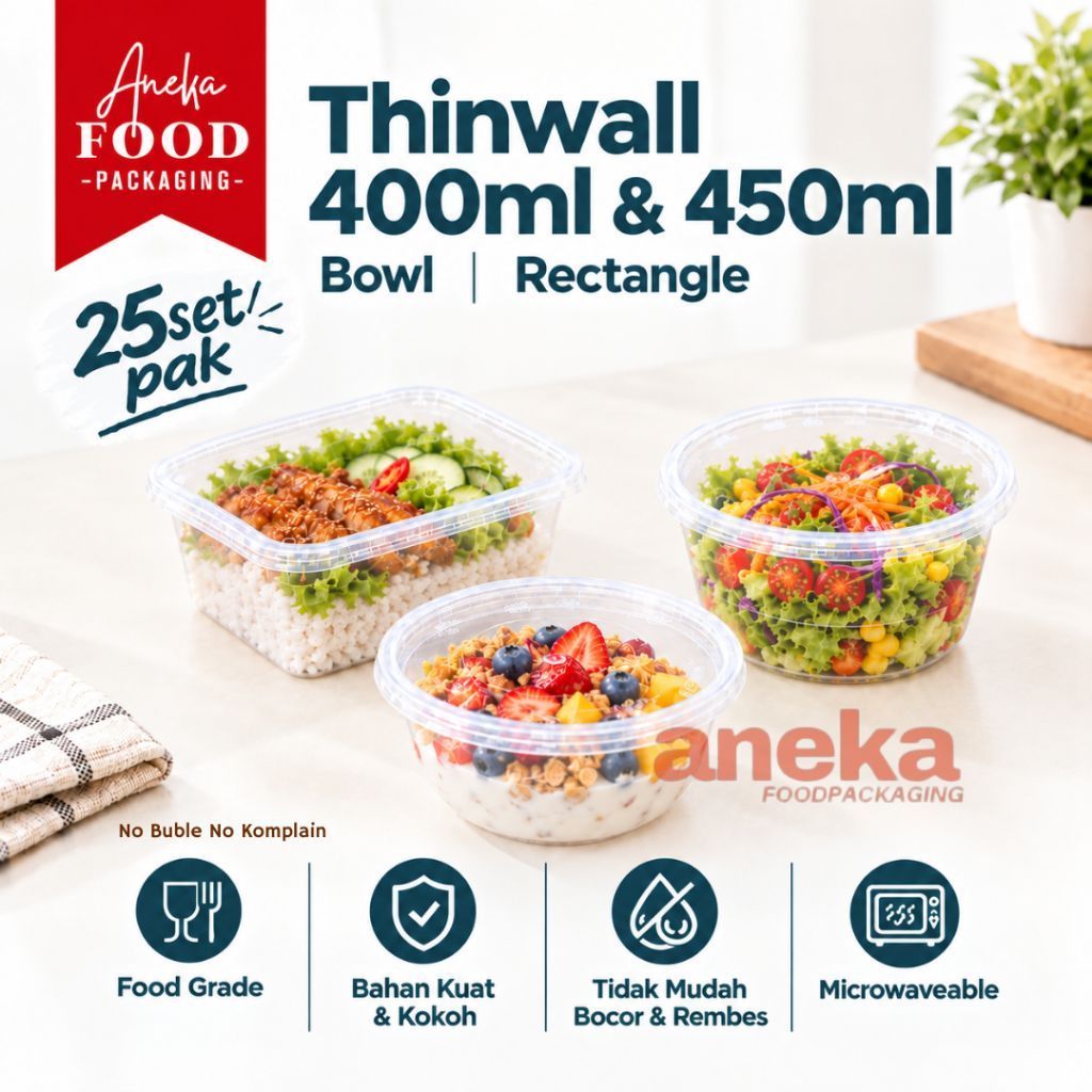 25set- Thinwall 400ml & 450ml wadah plastik RECTANGLE & BOWL REC 400 mangkok kotak persegi tahan pan