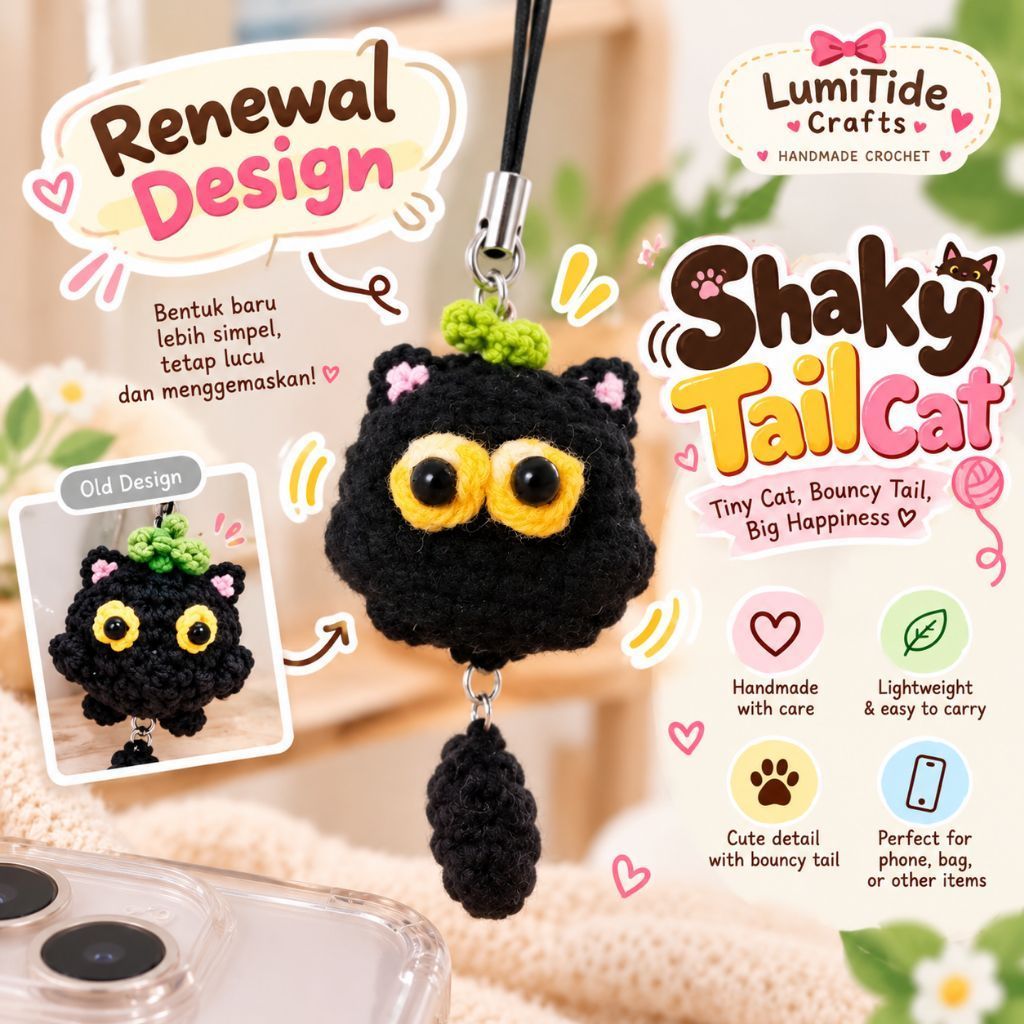 Phone Charm Rajut Cat with Shaky Tail | Kucing Ekor Goyang Phone Charm| – Handmade Crochet Kitty Gan