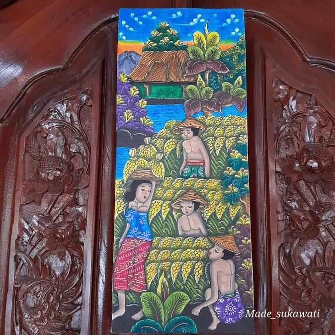:0:0:0] Lukisan Kanvas Panen padi tradisional bali 50cm x 20cm