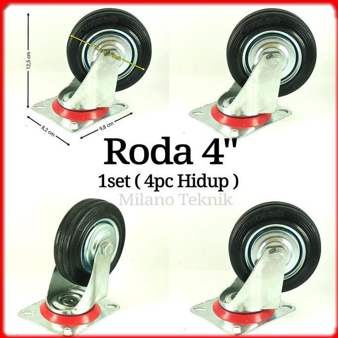 NEW - Roda Troli 4 inchi set(4hidup) Roda Karet/Etalase/Gerobak/Trolley 4inchi