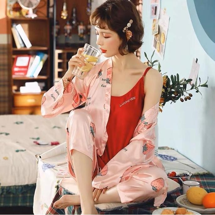 Di73 - Set Kimono Satin 3In1 Import Pp / Kimono Sleepwear / Kimono Satin Set 3In1 Import Korea / Piy