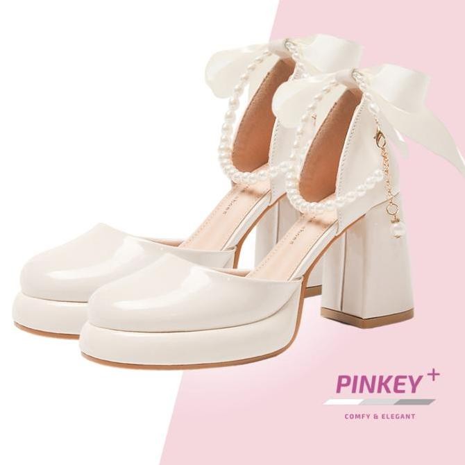 PINKEY P258 Sepatu Wanita Woman Pumps Ankle Strap  Mary Jane Heels Shoes Kekinian Putih Hitam High h