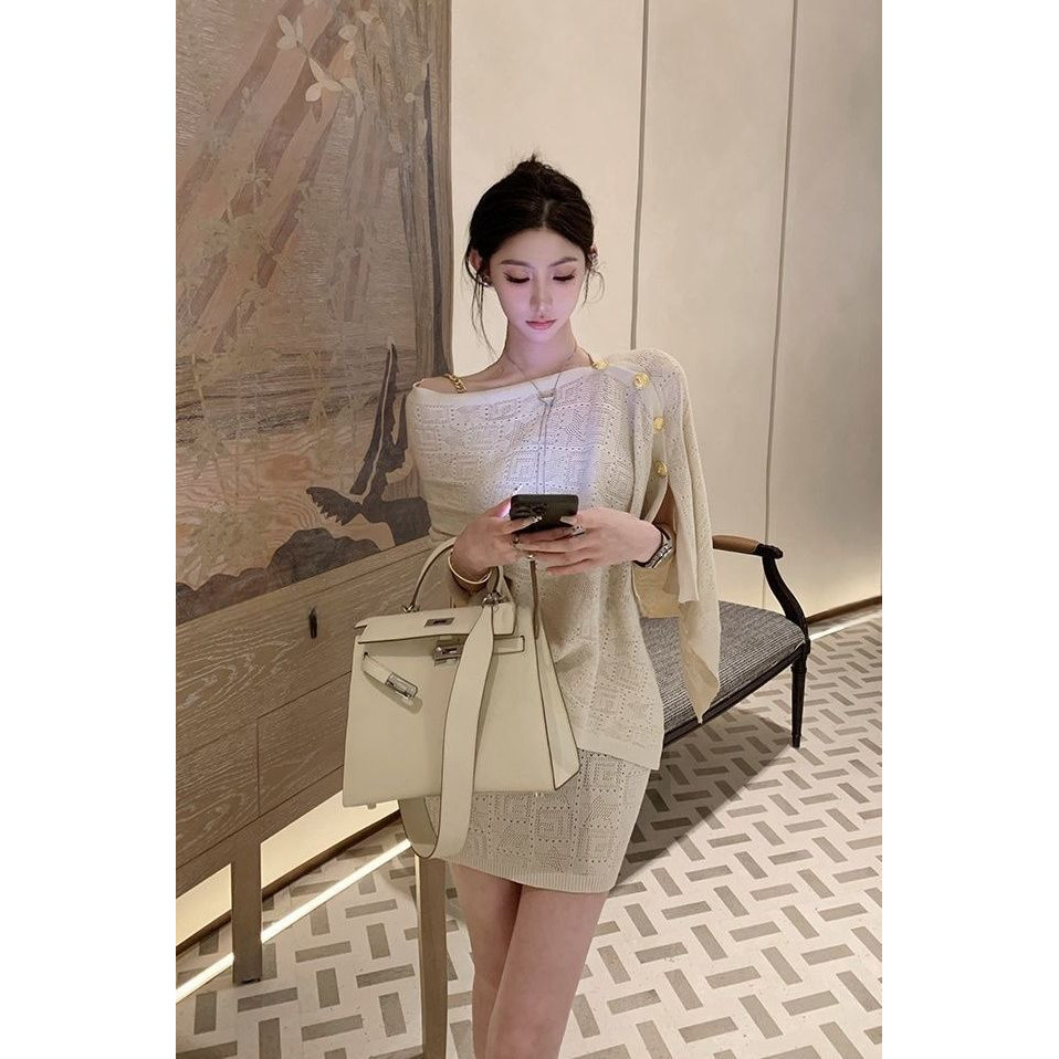 [Kue ceri]Desain dan temperamen pakaian luar jubah selendang rajutan suspender gaun jas