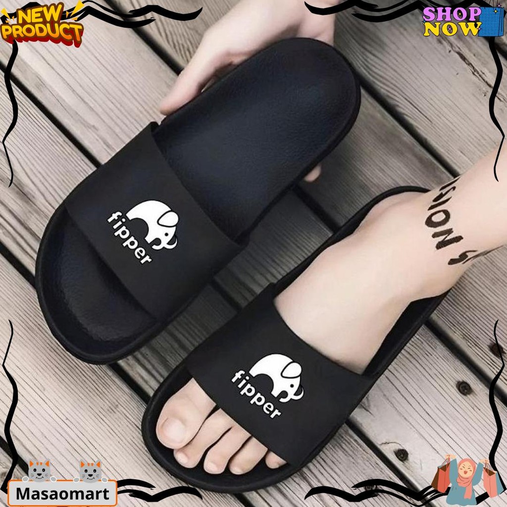 Sandal Sport Slip On Casual Slipper Polos Hitam Motif - Sendal Slide Fipper Sporty Pria Wanita - San