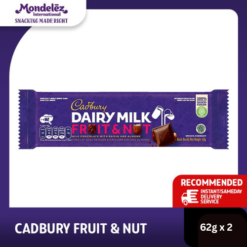 

[Cuci Gudang] Buy 1 Get 1 Cadbury Dairy Milk Chocolate Fruit & Nut Regular 62g - Near ED