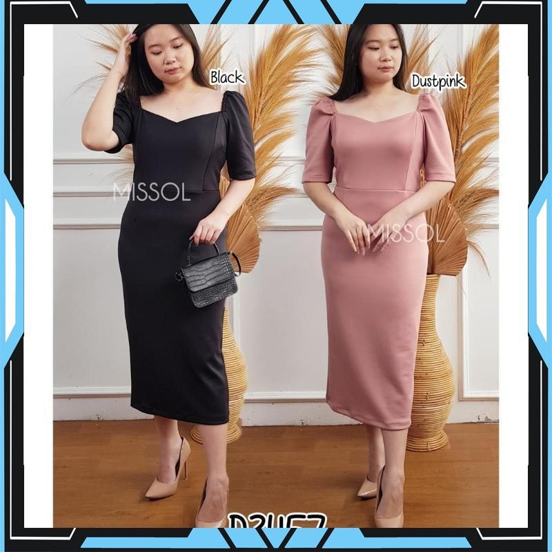 Cuci Gudang Dress lengan balon scuba dress sabrina lengan pendek polos midi 3457 D3457 HRQ-98