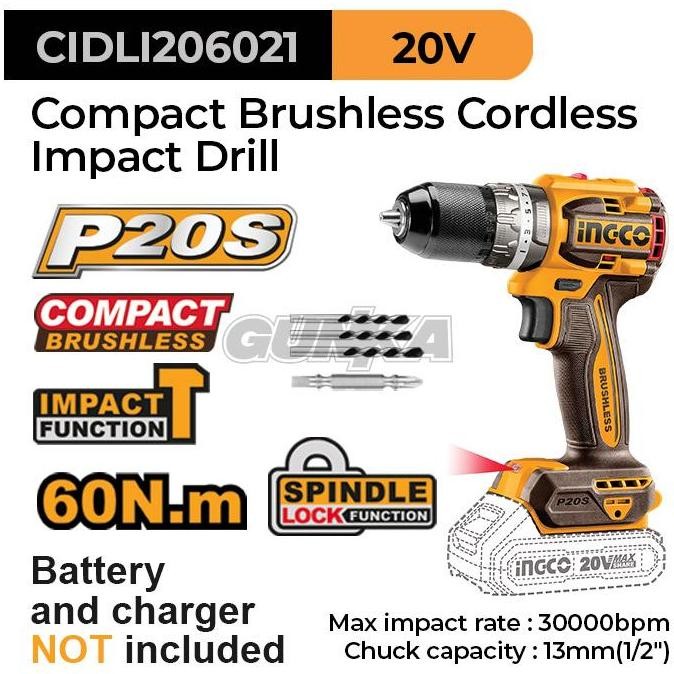 PROMO DISKON - P20S Brushless Impact Drill ( mm) INGCO CIDLI20602 Bor Tembok Beton Cordless CIDLI206