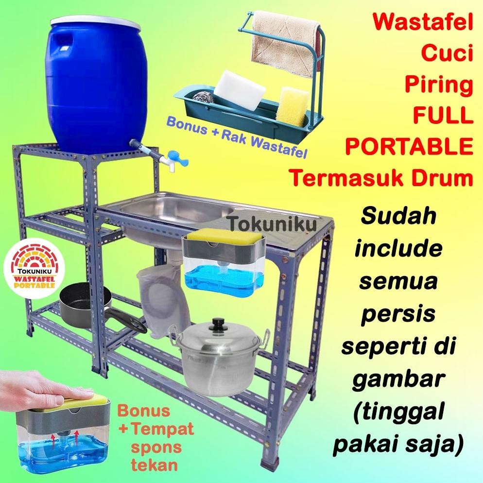Wastafel Cuci Piring Drum FULL PORTABLE Bak Cuci Tangan Panjang + Rak TOKUNIKU