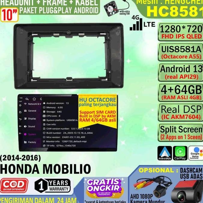 BEBAS ONGKIR - Paket Headunit Android 10 inch + Frame + Soket PNP Honda Mobilio 2014 Hengchen UIS858