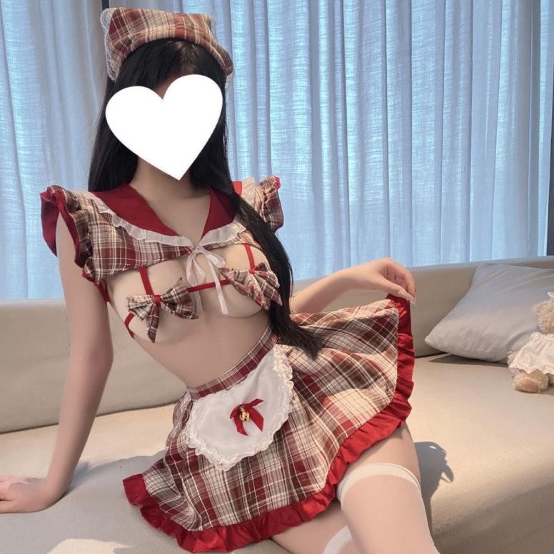 [Purelove]Set piyama seksi motif kotak-kotak gaya preppy manis