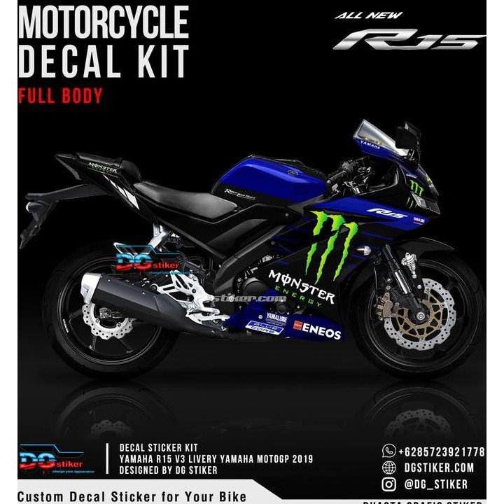 Decal Striping Full Body R15 V3 Hitam Livery Yamaha MotoGP 2019 Original