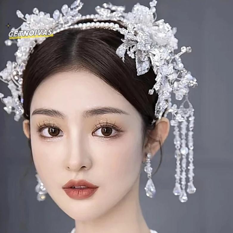 Update GETNOIVAS Tiara pengantin gaya Korea rumbai kristal super peri buatan tangan ikat kepala muti