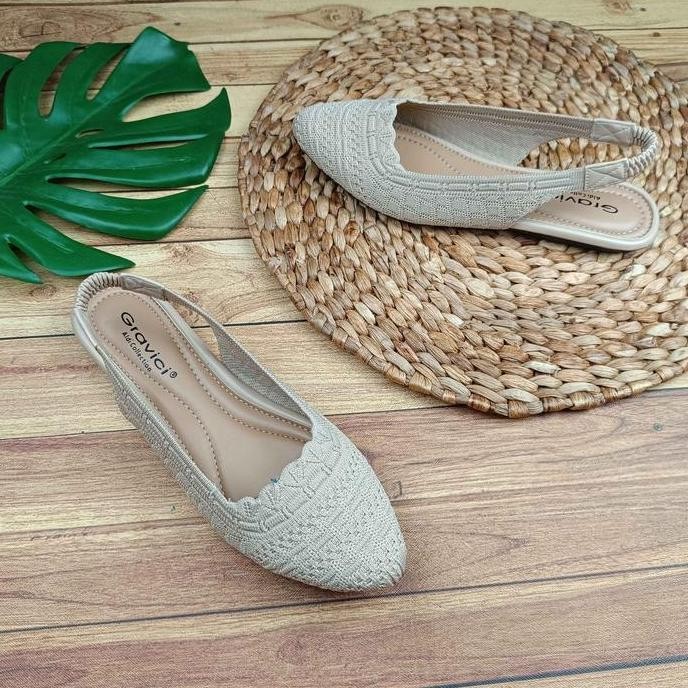 Sepatu Flat Wanita Bahan Rajut Geavici FL-02 Shoes Kerja Hitam Karet sandal wanita flat shoes mules 